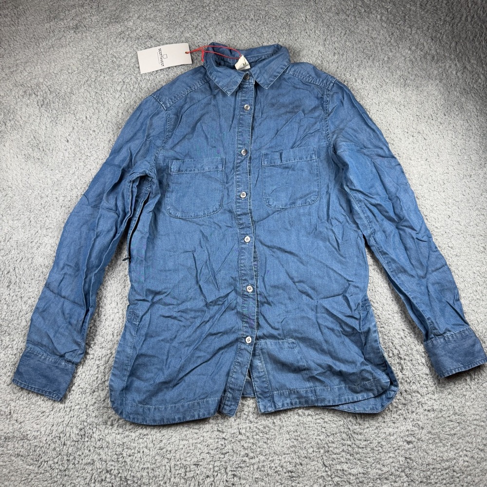 NWT ScotteVest Women Chambray Utility Button Up Rolled 5 Pocket Sleeves Shirt XS